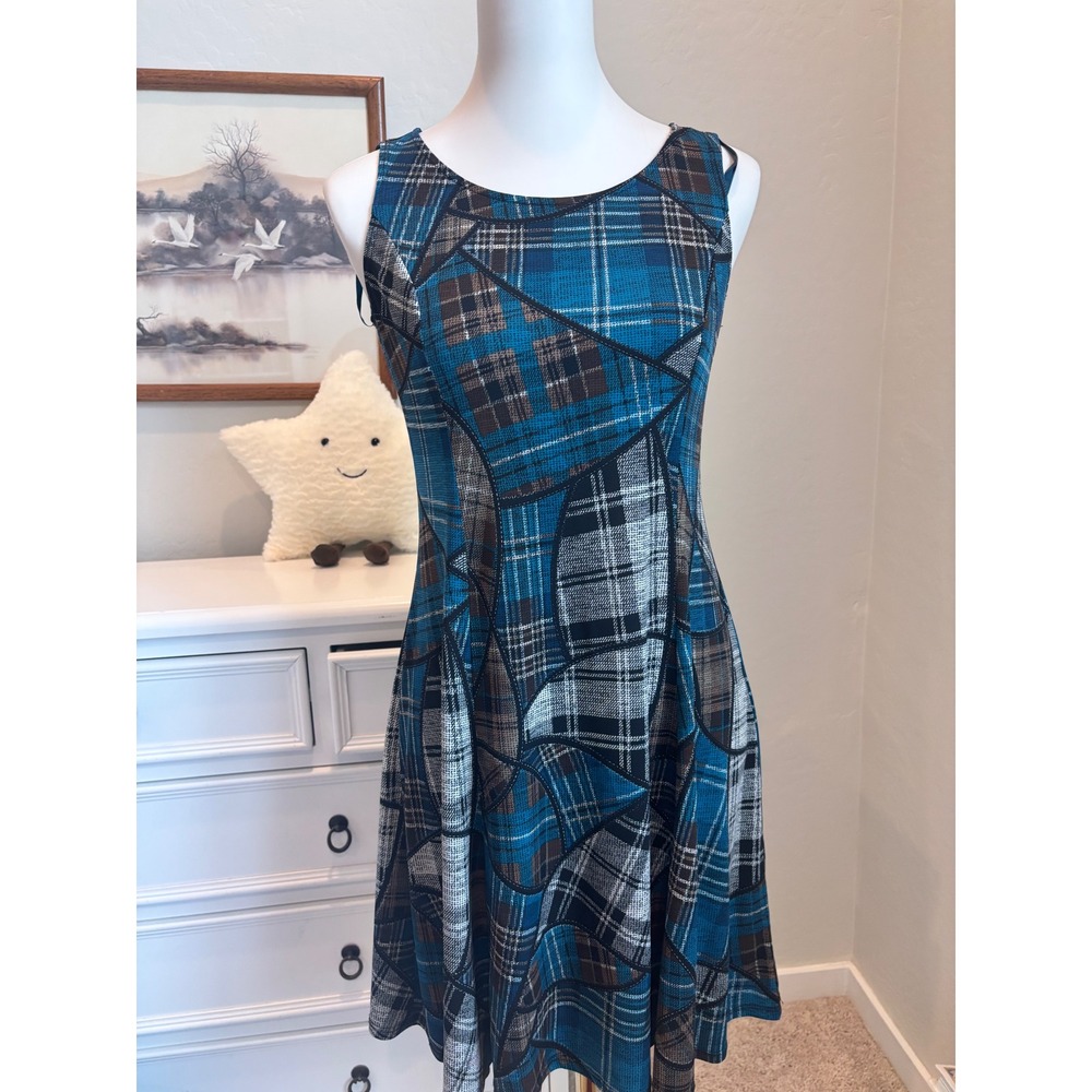 Plaid Fit Flare Dress Geometric Blue Teal A-Line Sleeveless Perceptions PXS